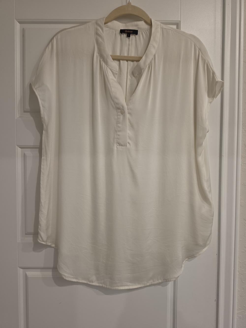 Quince Cream Short-Sleeve Silk Henley Blouse